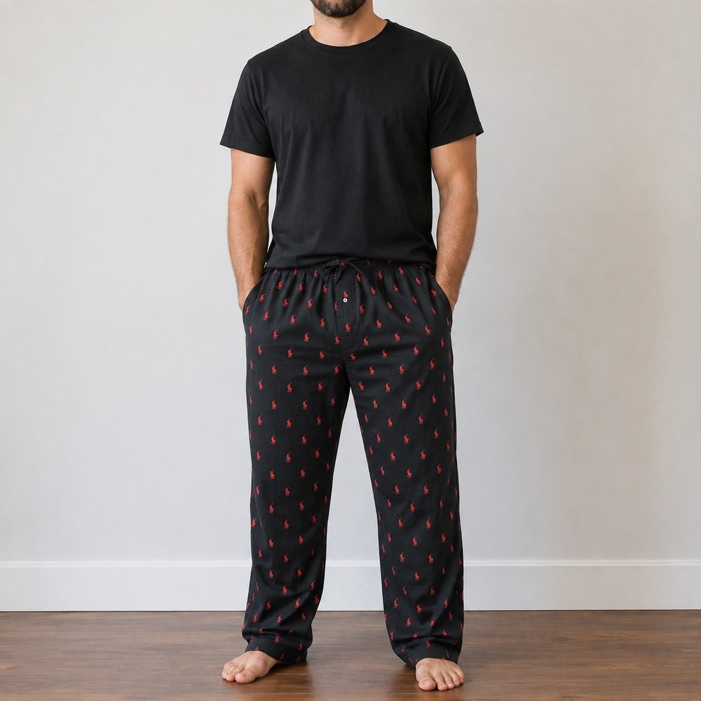 Vintage Polo Ralph Lauren Sleep Pants Mens XL Black Red Pony Player Pajamas